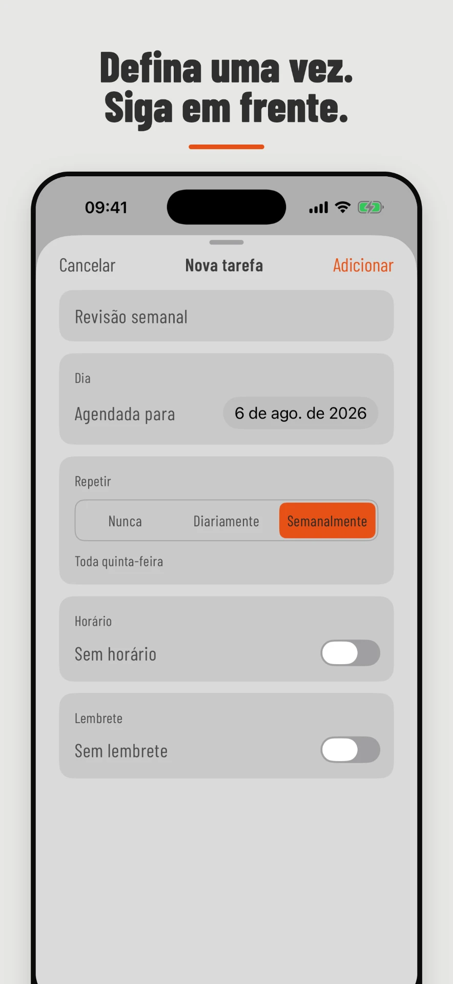 Tela de nova tarefa do Tally com repetição semanal selecionada